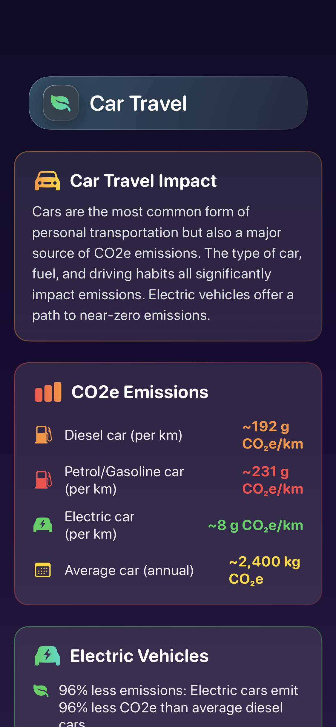 Decarbonr car travel entry with brand-specific vehicle model selection for precise CO₂e estimates