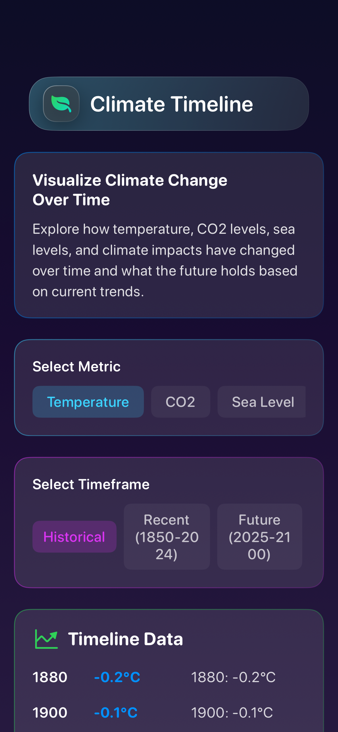 Decarbonr climate education timeline showing key events in climate science history