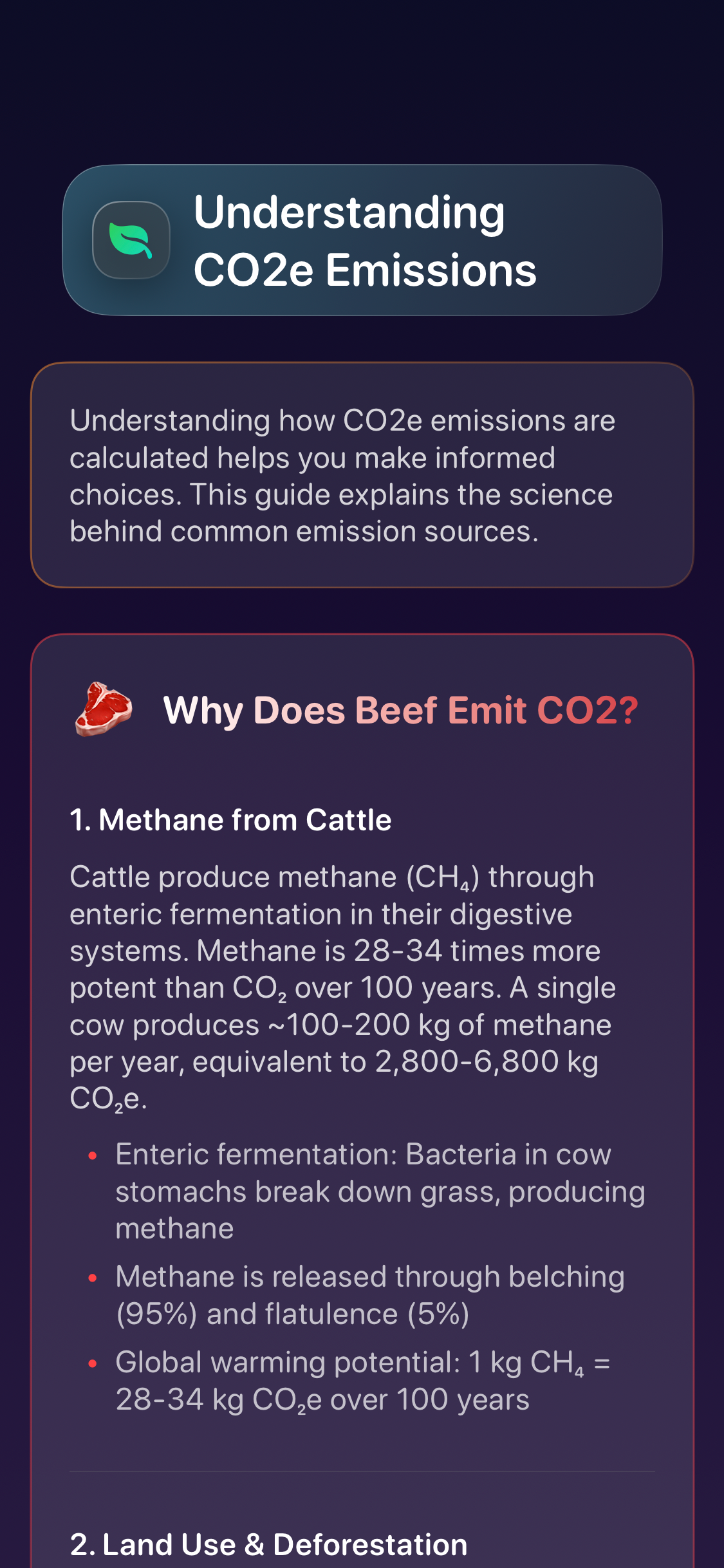 Decarbonr climate education screen explaining CO₂ equivalents and greenhouse gas science