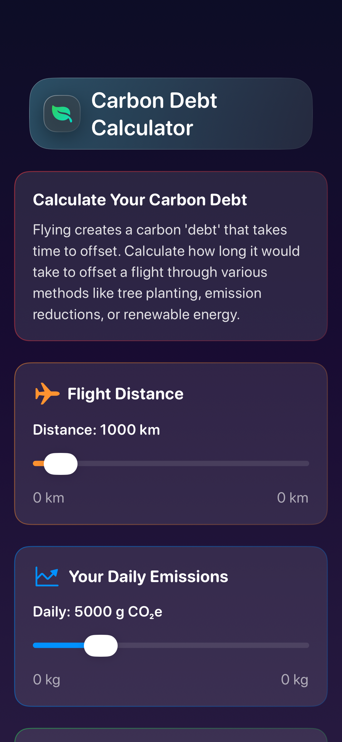 Decarbonr carbon debt calculator showing cumulative lifetime emissions and reduction scenarios
