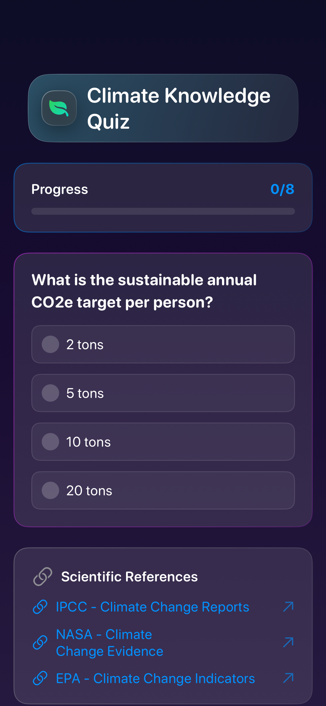 Decarbonr interactive climate knowledge quiz testing understanding of emissions and sustainability