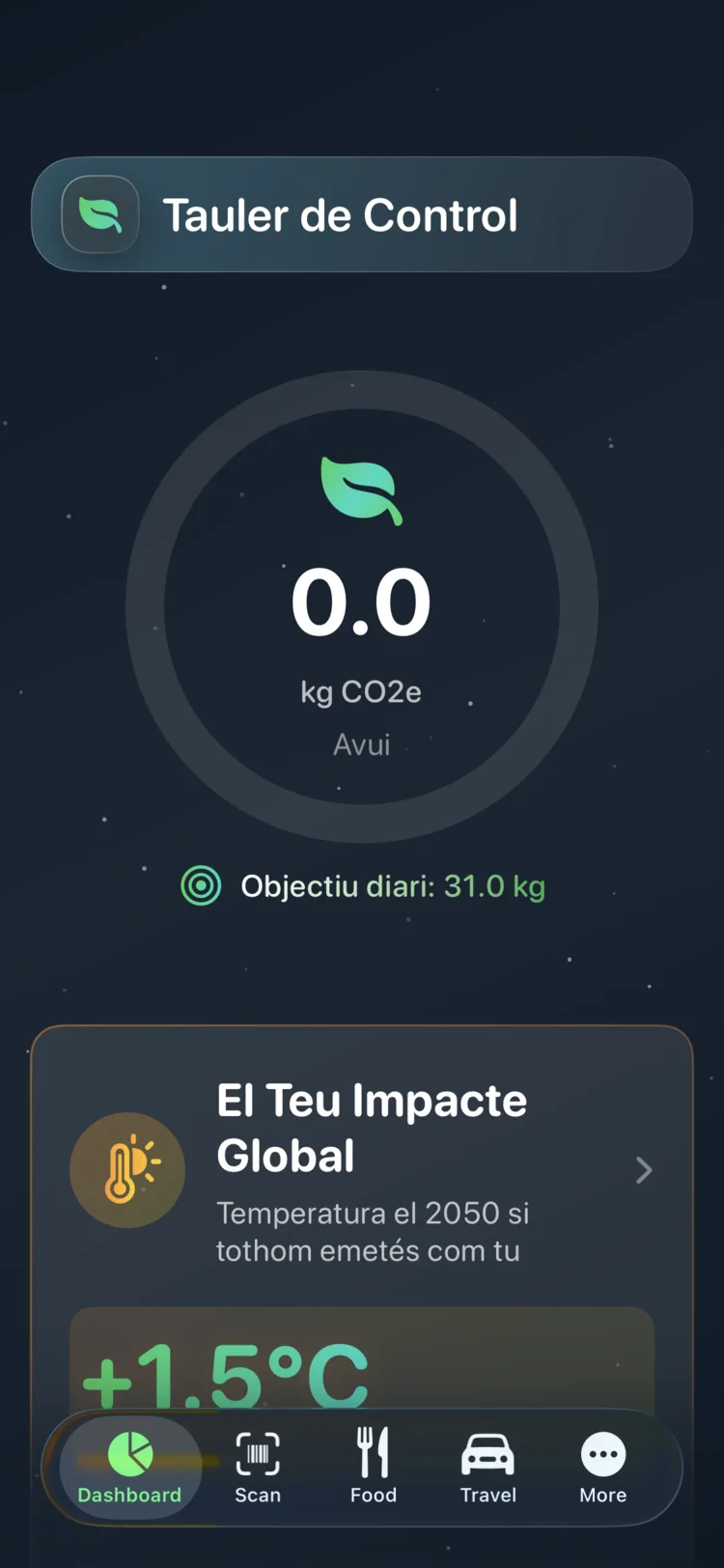 Tauler de Decarbonr amb el CO₂e d'avui en un indicador circular de progrés amb un objectiu diari