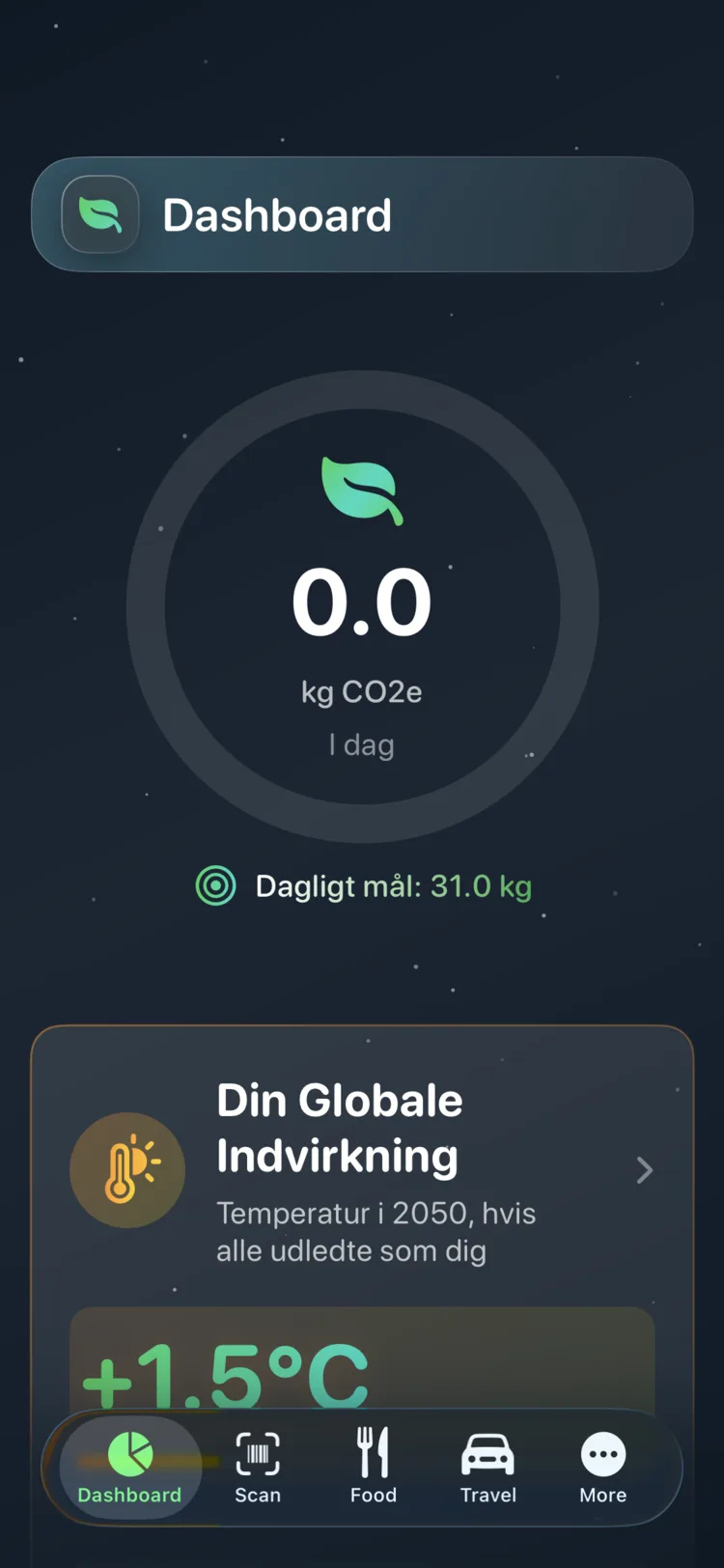 Decarbonr-dashboard, der viser dagens CO₂e på en cirkulær måler med et dagligt mål