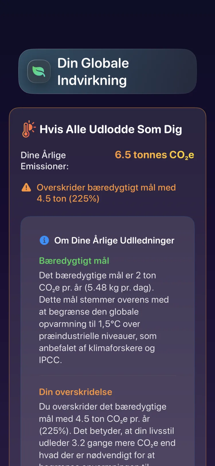 Decarbonrs globale betydningsskærm: dine årlige udledninger mod det bæredygtige mål