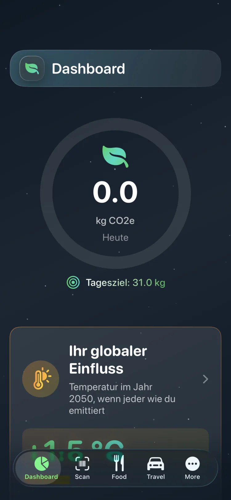 Decarbonr-Dashboard mit dem heutigen CO₂e-Wert auf einer kreisförmigen Anzeige mit Tagesziel