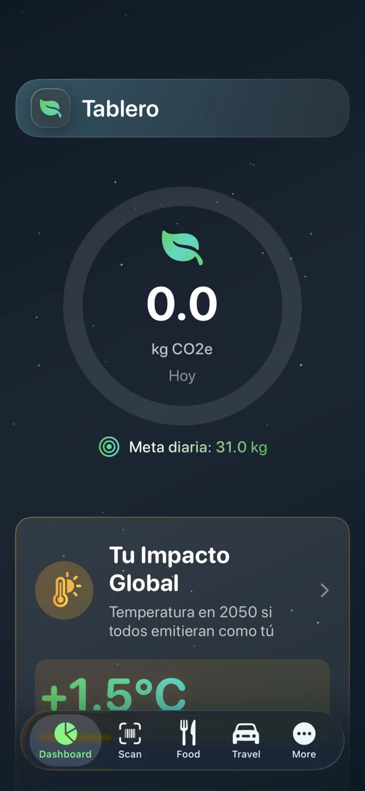 Panel de Decarbonr mostrando el CO₂e de hoy en un indicador circular de progreso con un objetivo diario