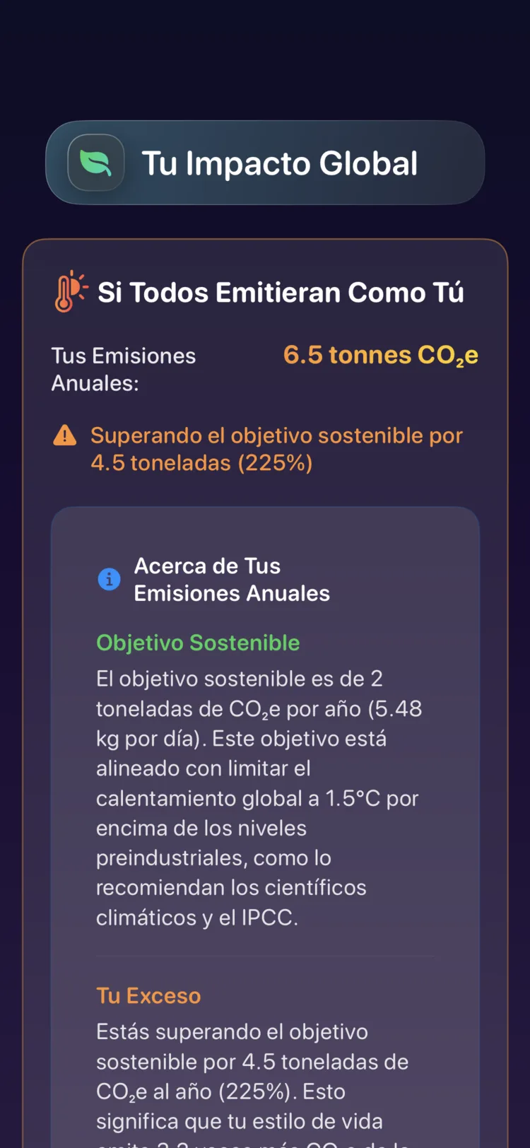 Pantalla de impacto global de Decarbonr: tus emisiones anuales frente al objetivo sostenible
