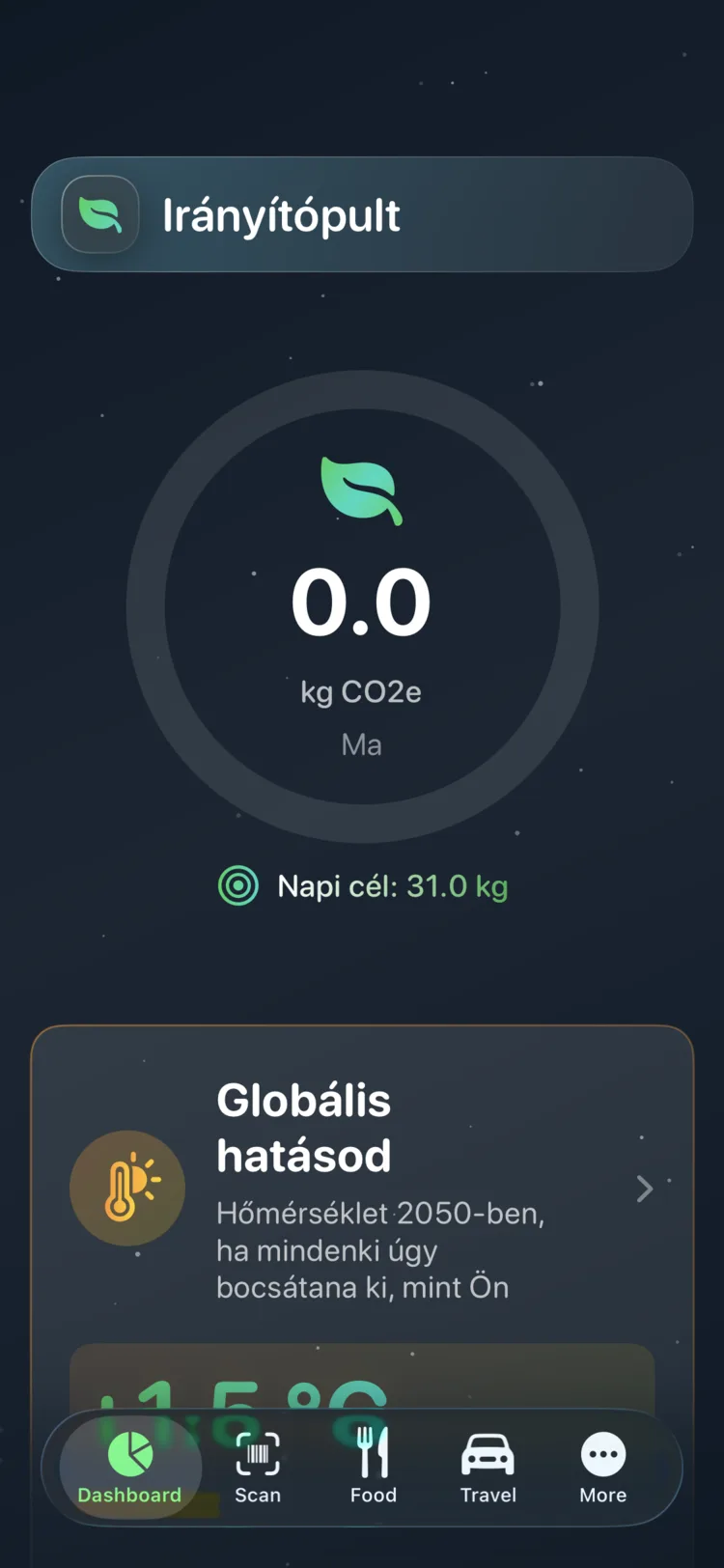 Decarbonr irányítópult a mai CO₂e-értékkel egy körkörös mérőn, napi céllal