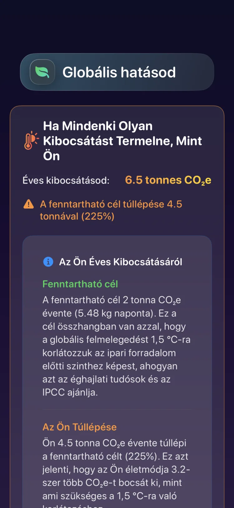 Decarbonr globális hatás képernyő: éves kibocsátásod a fenntartható célhoz mérve
