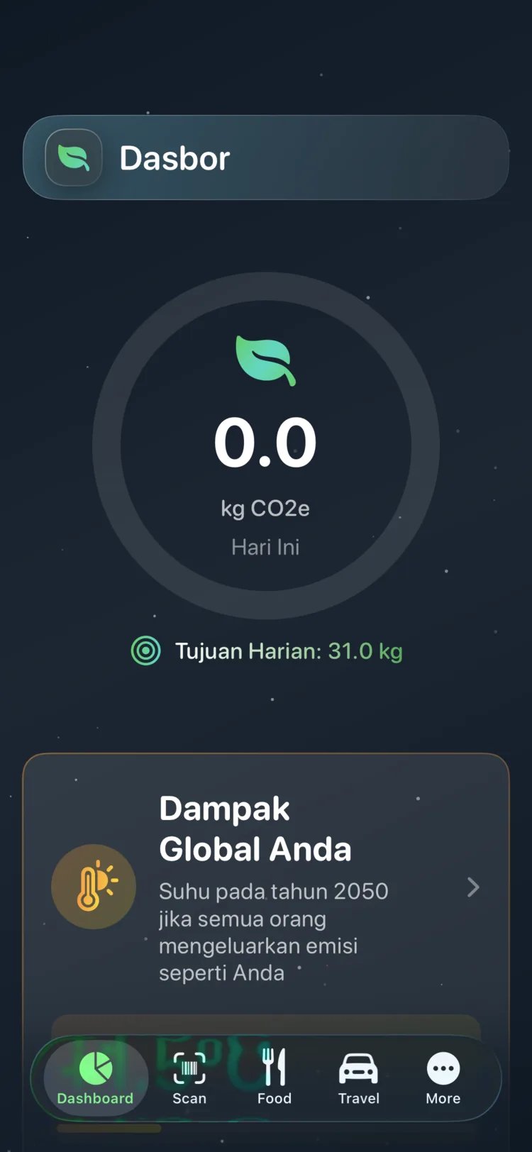 Dasbor Decarbonr menampilkan CO₂e hari ini pada indikator progres melingkar dengan target harian