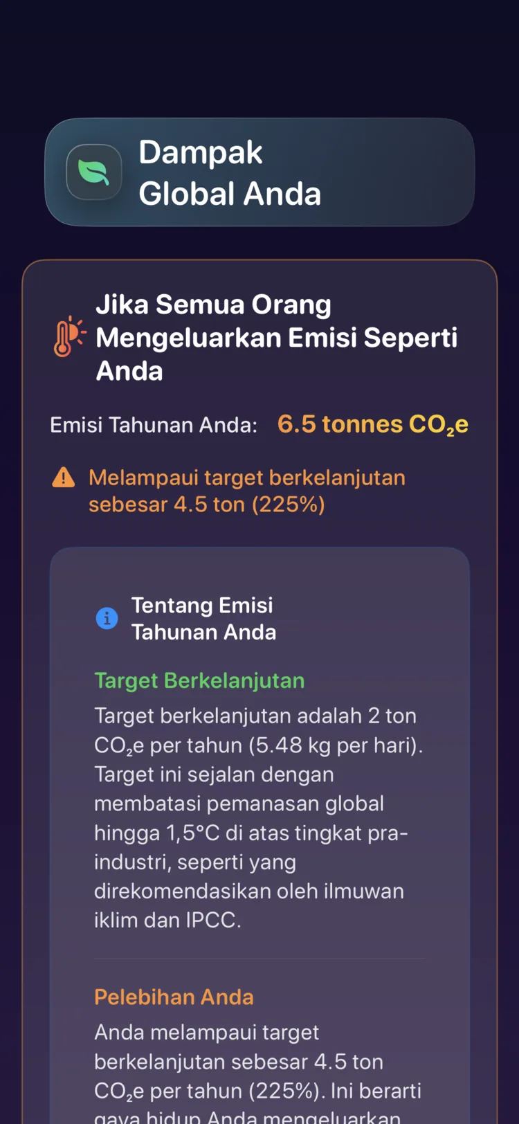 Layar dampak global Decarbonr: emisi tahunan Anda dibandingkan target berkelanjutan