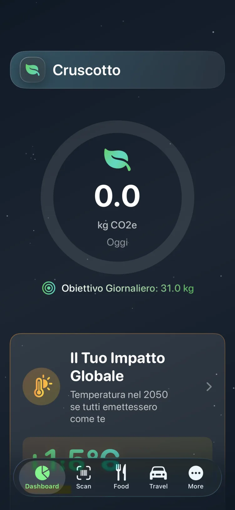 Dashboard di Decarbonr con la CO₂e di oggi su un indicatore circolare di progresso con obiettivo giornaliero