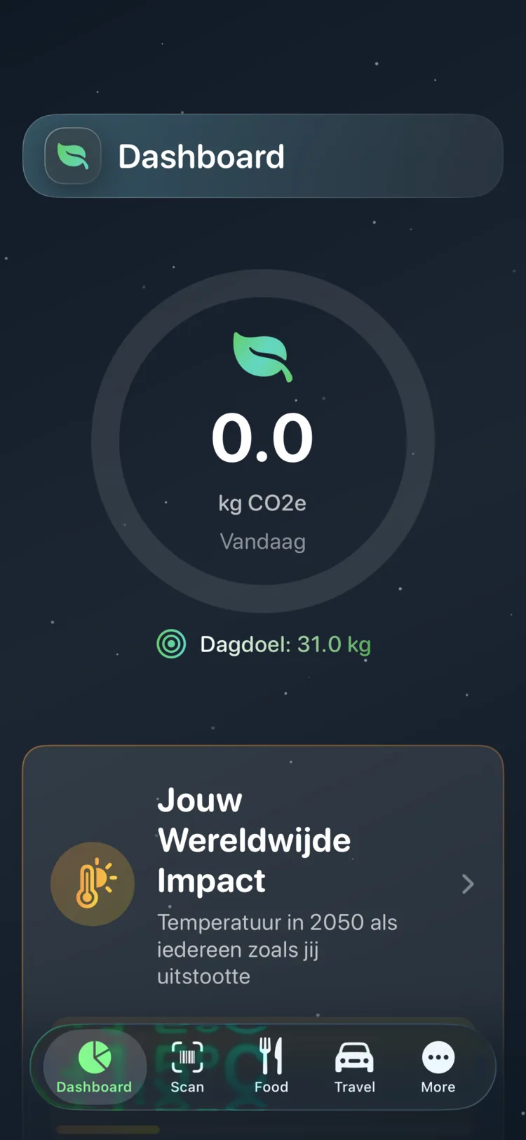 Decarbonr-dashboard met de CO₂e van vandaag op een ronde voortgangsmeter met dagdoel