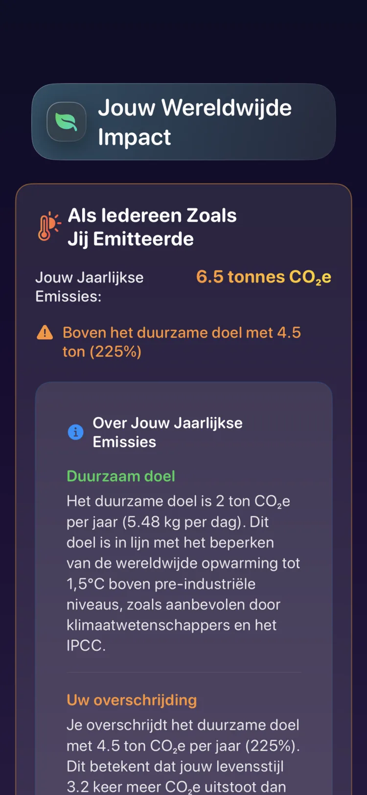 Decarbonr-scherm wereldwijde impact: je jaarlijkse uitstoot versus het duurzame doel