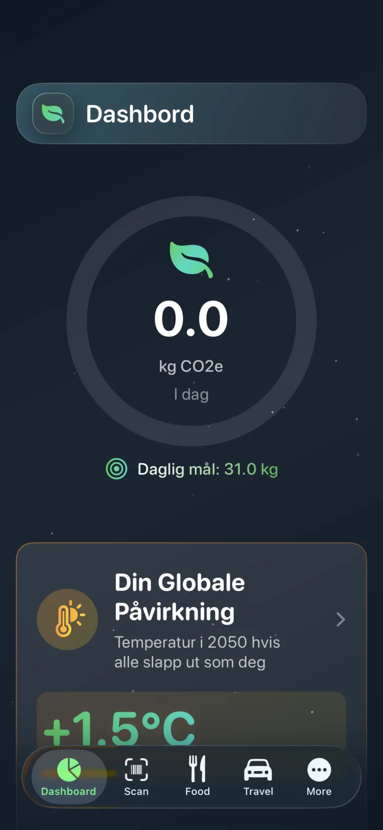 Decarbonr-dashbord som viser dagens CO₂e på en sirkulær måler med et daglig mål