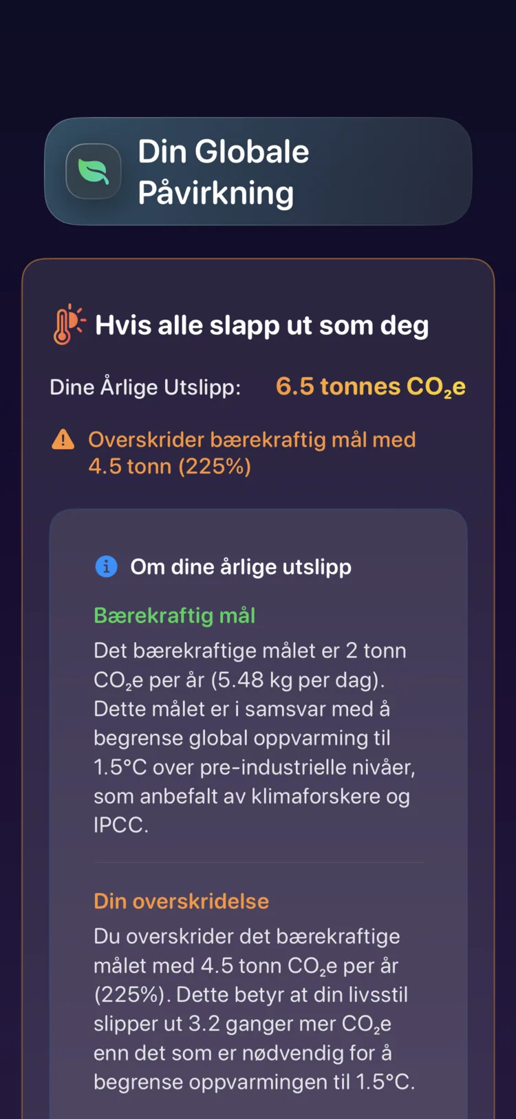 Decarbonr global effekt-skjerm: dine årlige utslipp mot det bærekraftige målet