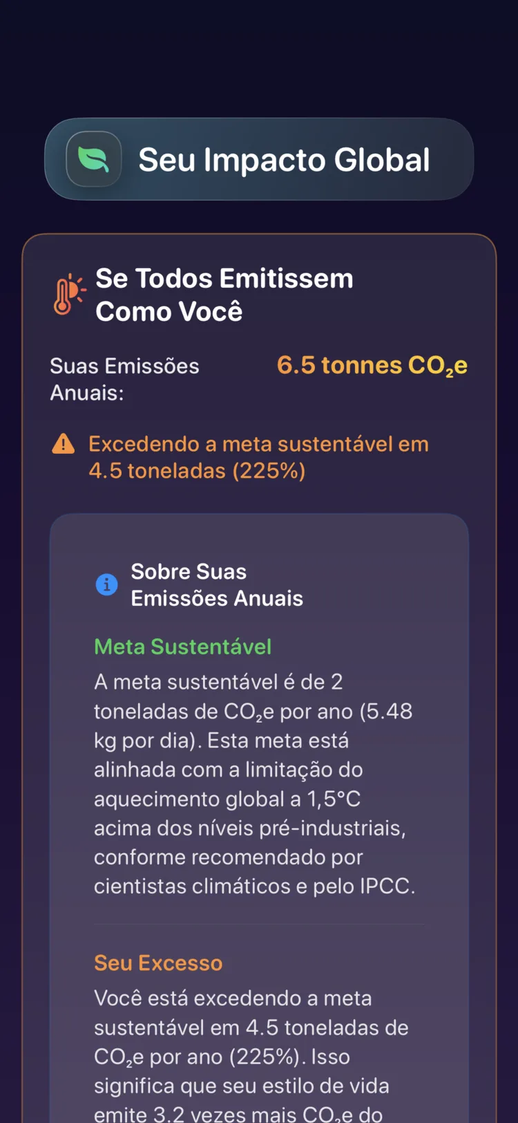 Tela de impacto global do Decarbonr: suas emissões anuais comparadas à meta sustentável