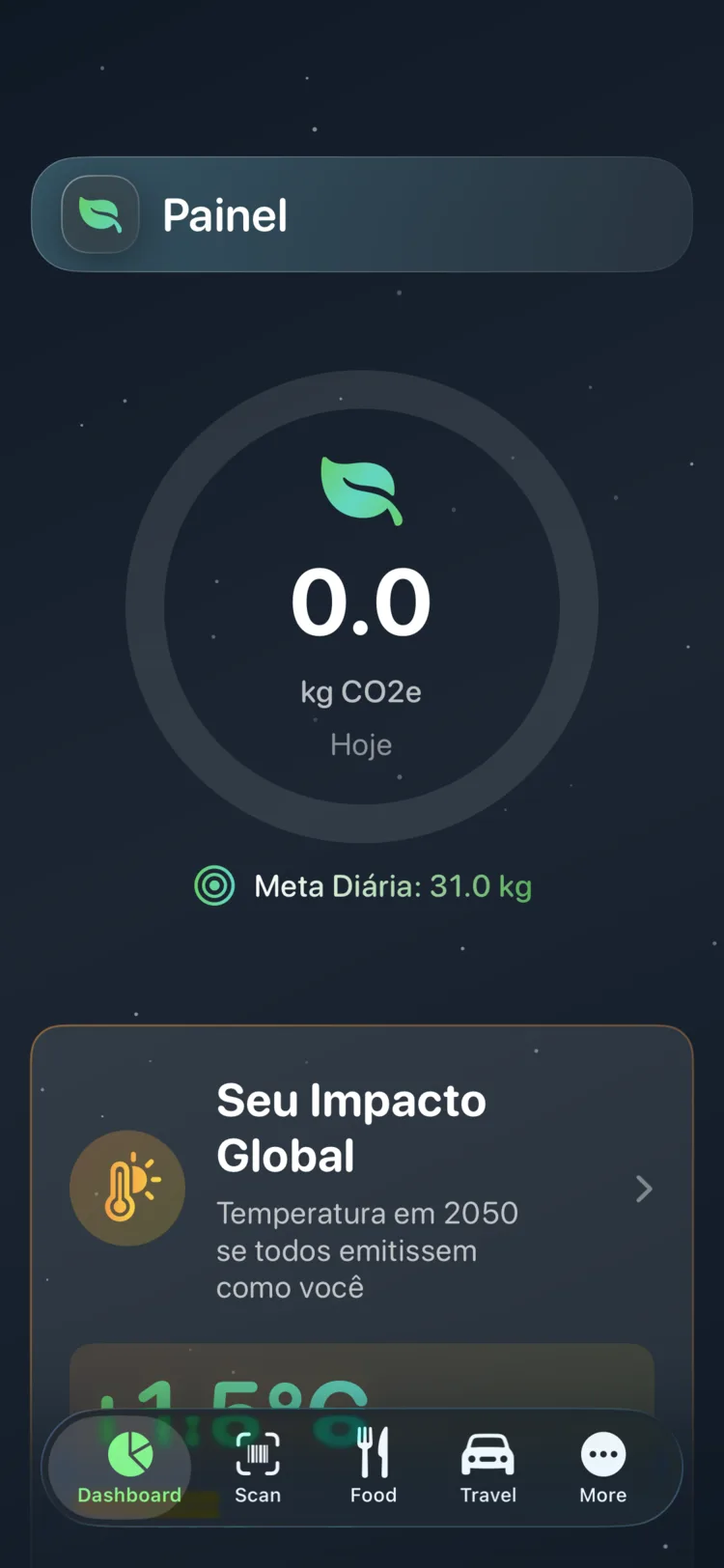 Painel do Decarbonr a mostrar o CO₂e de hoje num indicador circular de progresso com um objetivo diário