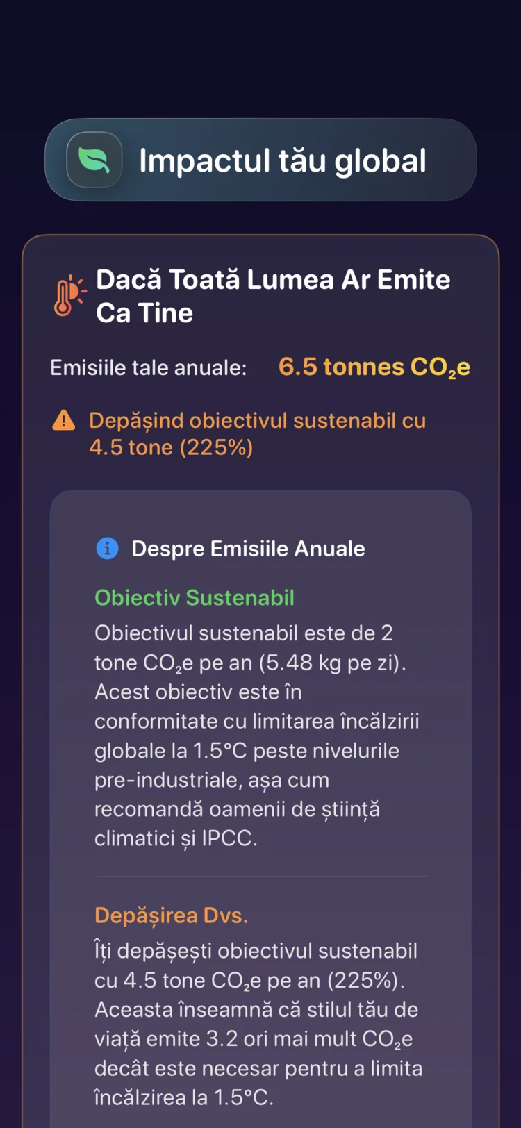 Ecranul de impact global Decarbonr: emisiile tale anuale față de ținta sustenabilă
