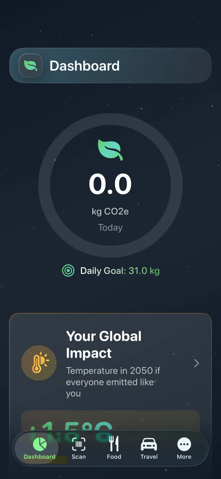 Decarbonr контролна табла која приказује данашњи CO₂e на кружном мерачу напретка са дневним циљем