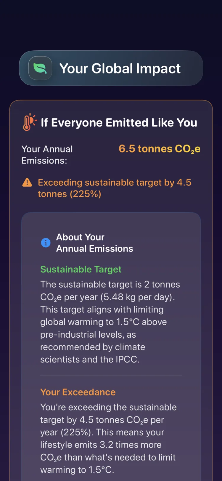 Decarbonr екран глобалног утицаја: ваше годишње емисије наспрам одрживог циља