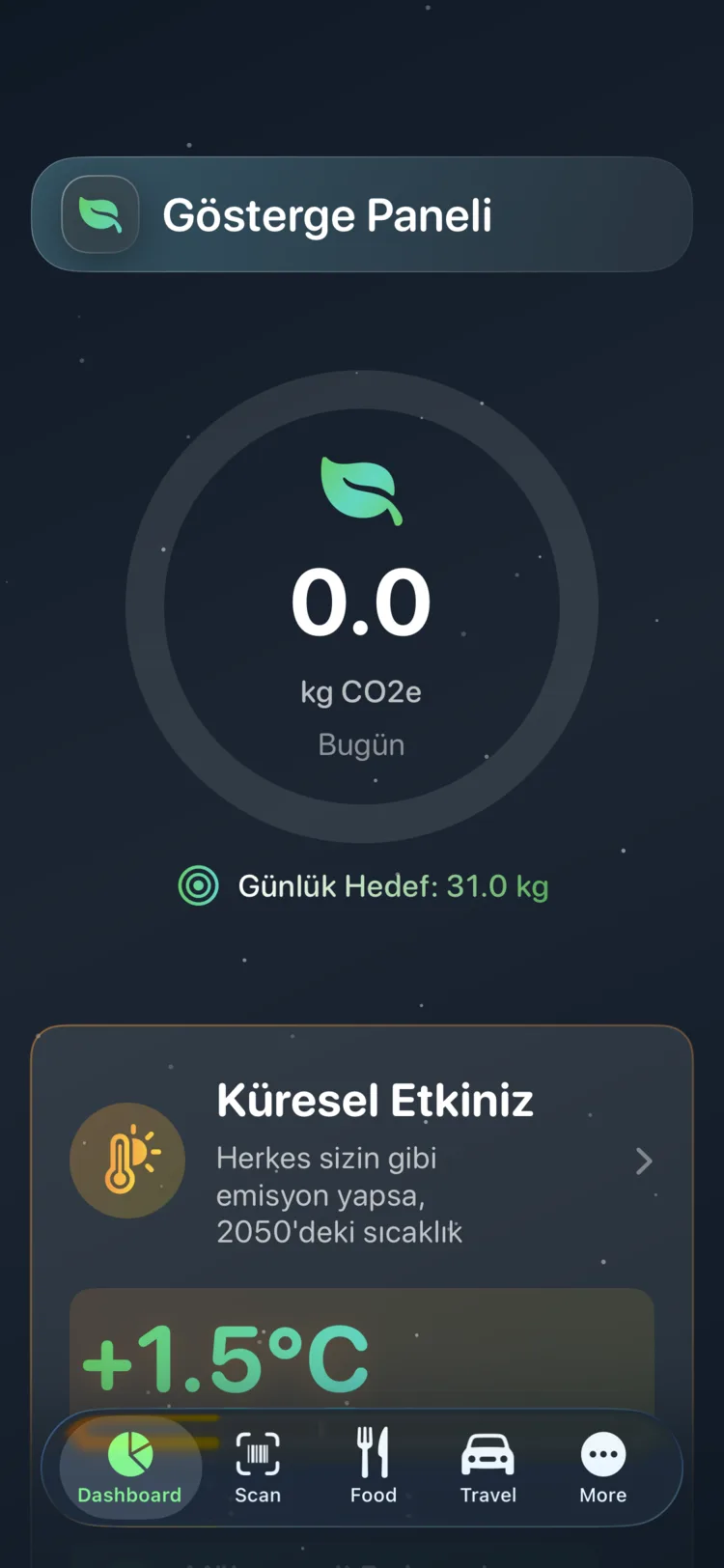 Günlük hedefli dairesel ilerleme göstergesinde bugünün CO₂e değerini gösteren Decarbonr panosu