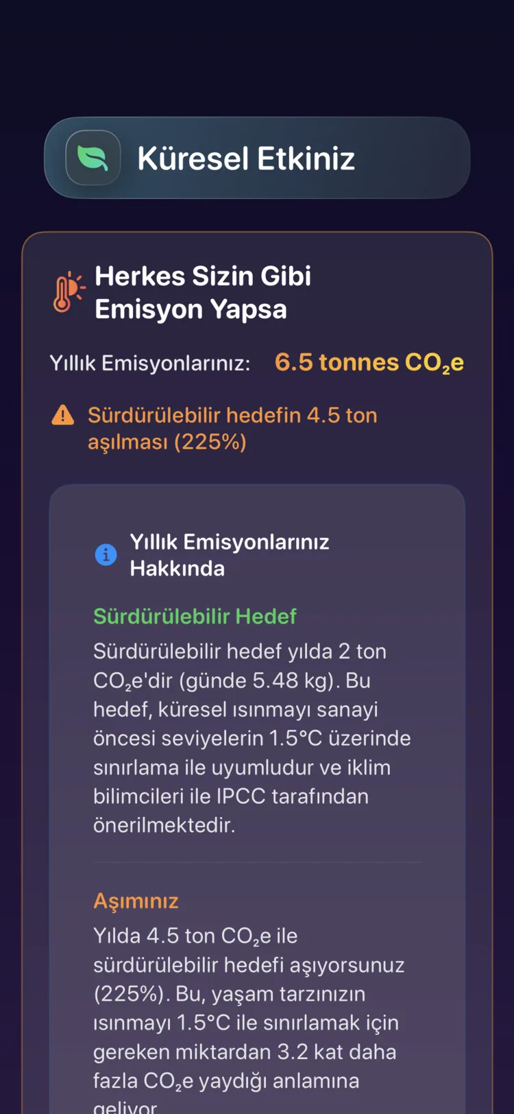 Decarbonr küresel etki ekranı: yıllık emisyonlarınız ile sürdürülebilir hedefin karşılaştırması