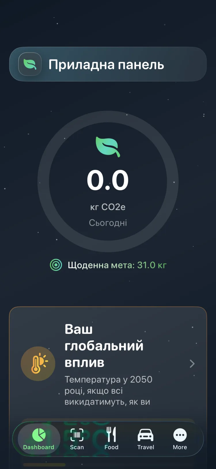 Панель Decarbonr із сьогоднішнім CO₂e на круговому індикаторі з денною ціллю