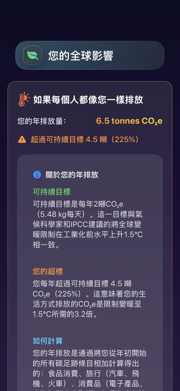 Decarbonr 全球影響畫面：你的年排放量與永續目標的對比